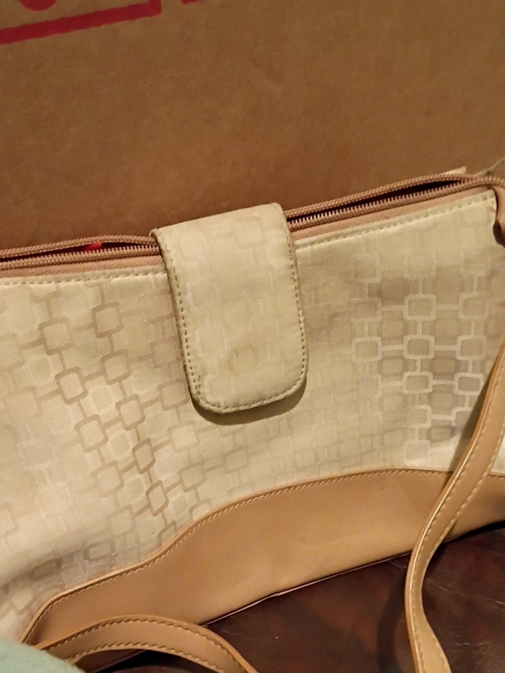 Women's Cream and Tan Shoulder Bag - Classic Geometric Pattern
